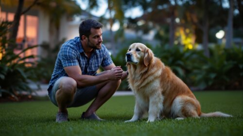 A dog owner crouching beside a golden retriever on a Florida backyard lawn at dusk