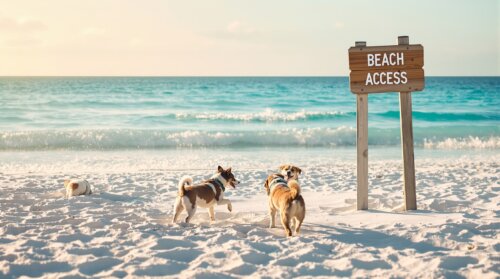 Dogs playing off-leash on a white sand Florida beach beside a wooden beach access sign with clear turquoise water