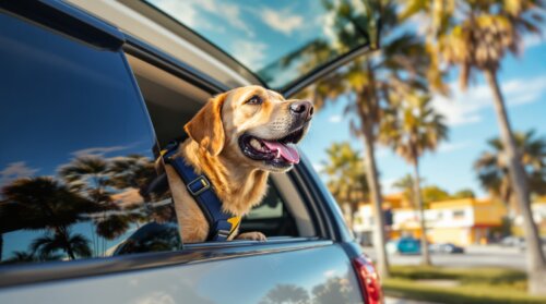 A happy labrador in a harness looking out of the window of a packed SUV at a sunny Florida rest stop lined with palm trees