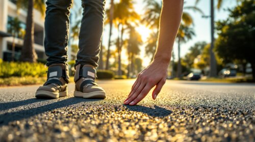 A person testing hot asphalt with the back of their hand next to a dog wearing protective booties on a sunny Florida street lined with palm trees