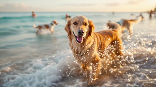 A happy golden retriever playing in the shallow gulf water at a dog friendly beach in Tampa Bay at golden hour