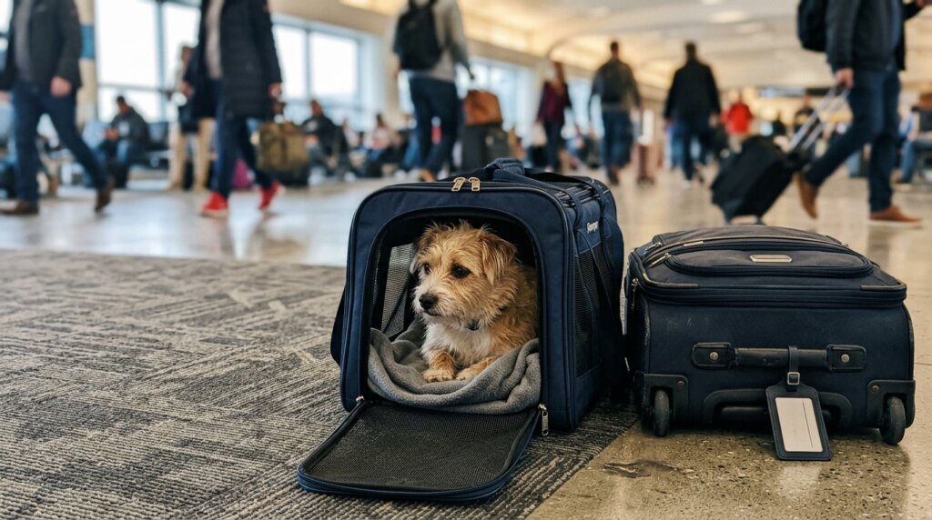 How to Get Your Dog to Florida: Driving, Flying and Pet Transport 2 Small dog in an airline-approved carrier at the airport