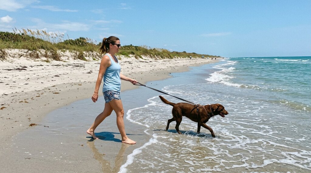Tampa Bay Dog Beach Rules: Davis Island, Fort De Soto and Beyond 2 Owner walking a leashed dog along the sand at a Tampa Bay beach