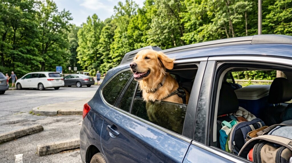 How to Get Your Dog to Florida: Driving, Flying and Pet Transport 1 Dog taking a break at a highway rest stop during a road trip to Florida