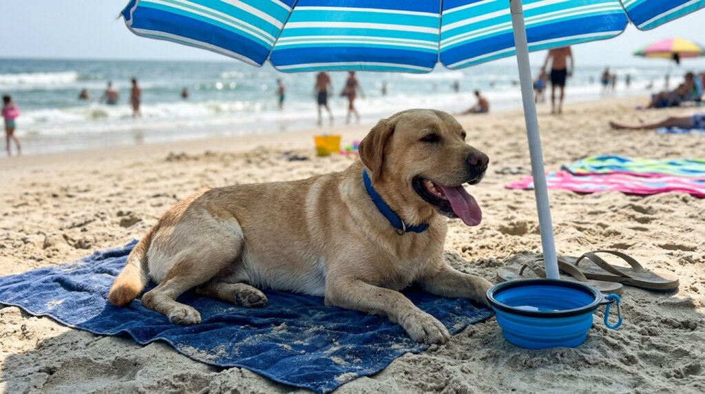 Florida Beach Dog Rules: Where Dogs Are Allowed and Where They Aren't 2 Dog cooling off in the shade with fresh water at the beach