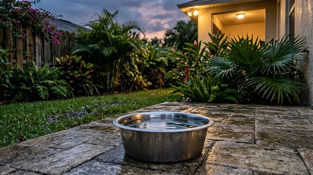 Bufo Toads and Dogs: Florida's Deadliest Backyard Threat 2 Outdoor dog water bowl left on a Florida patio at dusk