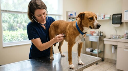 A veterinarian in blue scrubs examining a dog wearing a collar and tags on an exam table in a Florida vet clinic