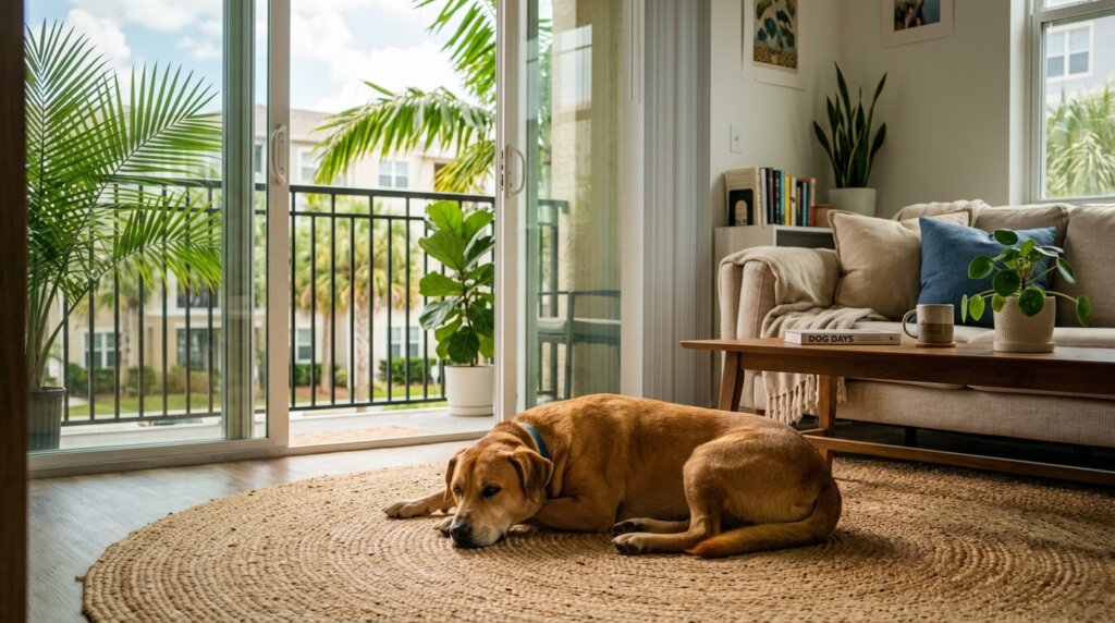 A calm dog resting on a rug in a bright Florida apartment living room with balcony doors open to palm trees