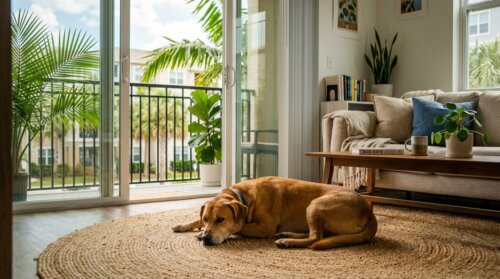 A calm dog resting on a rug in a bright Florida apartment living room with balcony doors open to palm trees