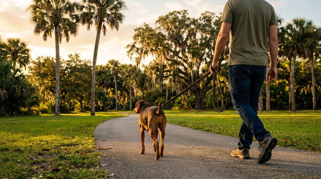 A person walking a dog on a short leash along a paved path in a Florida park lined with palms and Spanish moss at golden hour