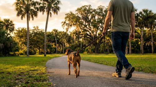 A person walking a dog on a short leash along a paved path in a Florida park lined with palms and Spanish moss at golden hour