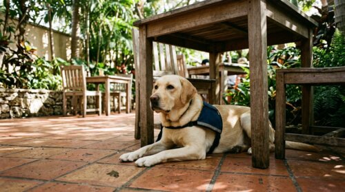A yellow Labrador service dog in a plain harness lying calmly under a table on a shaded Florida restaurant patio
