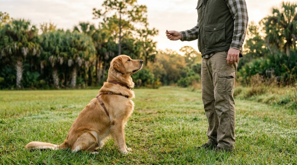 A golden retriever in a training harness sitting attentively and making eye contact with a handler in a grassy Florida field