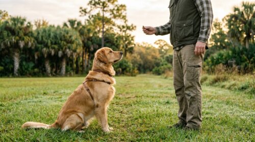 A golden retriever in a training harness sitting attentively and making eye contact with a handler in a grassy Florida field