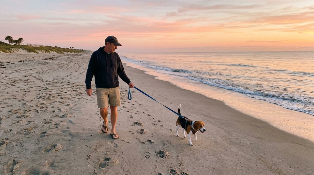 Florida Beach Dog Rules: Where Dogs Are Allowed and Where They Aren't 1 Leashed dog walking a Florida beach at sunrise